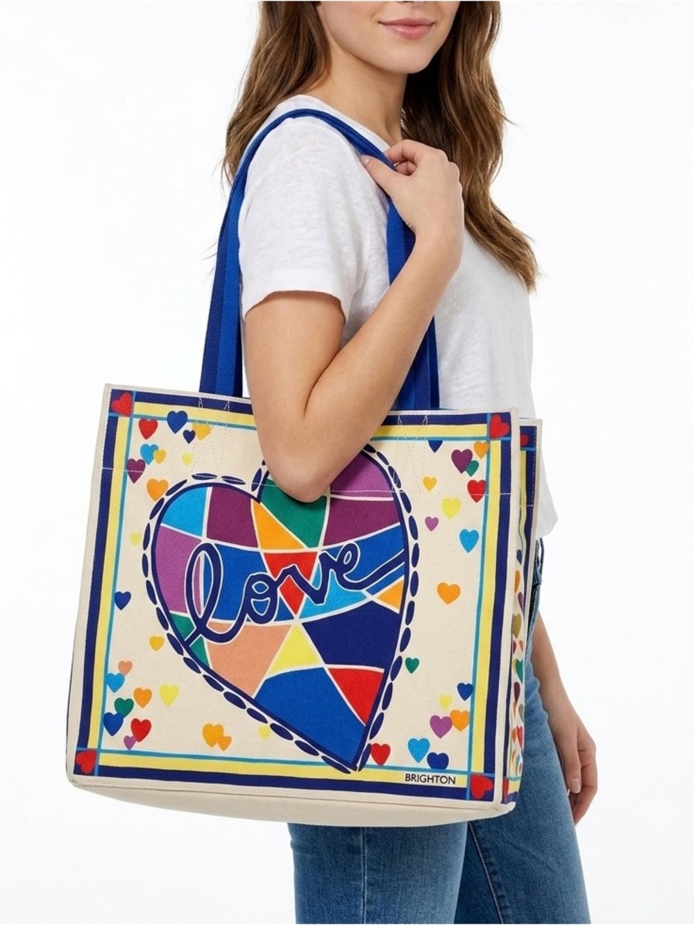 Brighton Canvas Jute Tote Bag LOVE Hearts Mosaic Shoulder Straps EUC